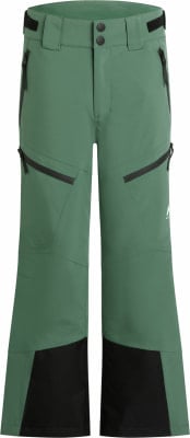 Grüne Skihose mit schwarzen Details und Reißverschlusstaschen.