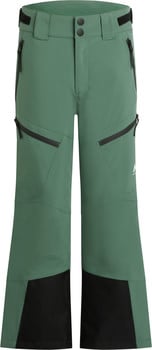 Grüne Skihose mit schwarzen Details und Reißverschlusstaschen.