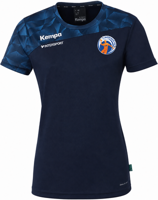 Dunkelblaues Damen-T-Shirt von Kempa mit Logo und geometrischem Muster auf den Ärmeln.