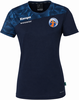 Dunkelblaues Damen-T-Shirt von Kempa mit Logo und geometrischem Muster auf den Ärmeln.