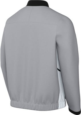 Rückansicht einer grauen Jacke mit schwarzem Kragen und weißen Seitenteilen. Rückansicht einer grauen Jacke mit schwarzem Kragen und weißen Seitenteilen.