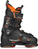 Schwarzer Tecnica Mach 1 HV 110 Skischuh mit orangefarbenen Details und Schnallen.