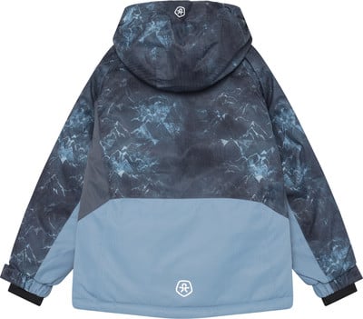 Rückseite einer Kinderjacke mit Bergmuster und Logo. Rückseite einer Kinderjacke mit Bergmuster und Logo.