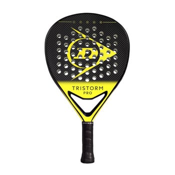 Schwarzer Dunlop Tristorm Pro Tennisschläger mit gelben Details.