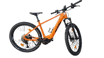 Orange KTM E-Bike mit Federung und breiten Reifen.