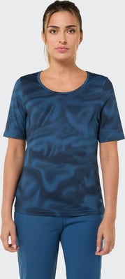 Damen-T-Shirt mit kurzen Ärmeln und blauem Muster. Damen-T-Shirt mit kurzen Ärmeln und blauem Muster.