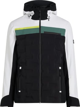 Schwarze Herren-Skijacke mit weißen Ärmeln und Farbstreifen.