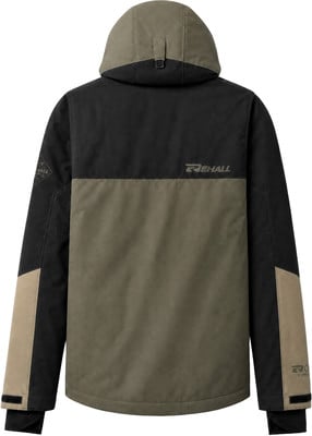 Rückseite einer schwarz-khaki Jacke mit REHALL-Logo auf dem Rücken. Rückseite einer schwarz-khaki Jacke mit REHALL-Logo auf dem Rücken.