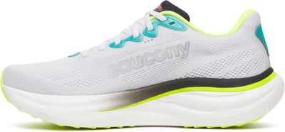 Weißer Saucony-Laufschuh mit bunten Details und Logo. Weißer Saucony-Laufschuh mit bunten Details und Logo.
