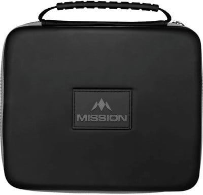 Schwarzer Koffer mit Mission-Logo und Griff oben. Schwarzer Koffer mit Mission-Logo und Griff oben.