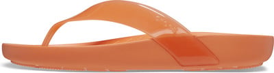 Orange Zehentrenner mit transparentem Riemen und strukturierter Sohle. Orange Zehentrenner mit transparentem Riemen und strukturierter Sohle.