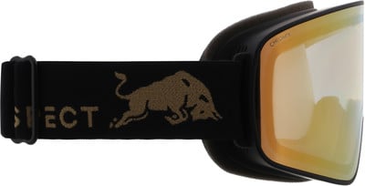 Skibrille mit schwarzem Band und goldenem Stier, verspiegelte Gläser. Skibrille mit schwarzem Band und goldenem Stier, verspiegelte Gläser.