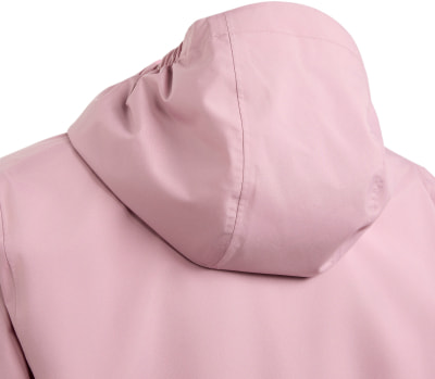 Rückseite einer rosa Jacke mit Kapuze und Ausschnitt am Kragen. Rückseite einer rosa Jacke mit Kapuze und Ausschnitt am Kragen.