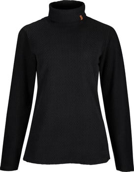 Schwarzer Rollkragenpullover mit feinem Waffelmuster und Lederdetail am Kragen.