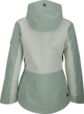 Rückansicht einer Damenjacke in Minzgrün und Creme mit Logo. Rückansicht einer Damenjacke in Minzgrün und Creme mit Logo.
