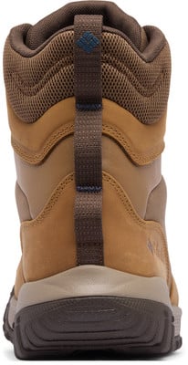 Rückansicht eines braunen Outdoor-Stiefels mit Columbia-Logo und Schlaufe. Rückansicht eines braunen Outdoor-Stiefels mit Columbia-Logo und Schlaufe.