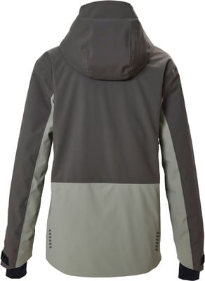 Rückansicht einer dunkelgrauen Winterjacke mit hellen Ärmeln und Saum. Rückansicht einer dunkelgrauen Winterjacke mit hellen Ärmeln und Saum.