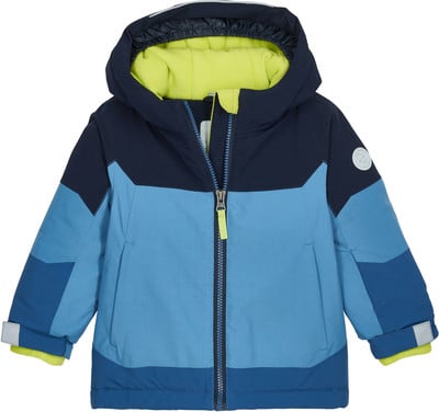 Kinder-Winterjacke mit Kapuze in verschiedenen Blautönen und limettengrünen Futter. Kinder-Winterjacke mit Kapuze in verschiedenen Blautönen und limettengrünen Futter.