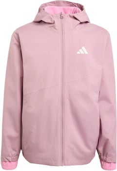 Eine rosa Adidas Jacke mit Kapuze und weißem Logo auf der Brust.