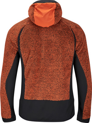 Rückseite einer orangefarbenen Jacke mit schwarzen Ärmeln und Kapuze. Rückseite einer orangefarbenen Jacke mit schwarzen Ärmeln und Kapuze.