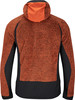 Rückseite einer orangefarbenen Jacke mit schwarzen Ärmeln und Kapuze.