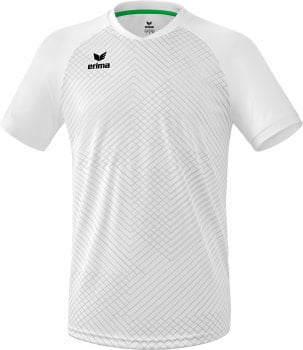 Weißes T-Shirt mit kurzen Ärmeln, geometrischem Muster und Erima-Logo.