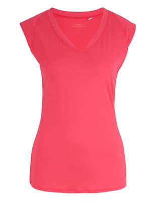 Ein rosafarbenes T-Shirt mit kurzen Ärmeln und V-Ausschnitt. Ein rosafarbenes T-Shirt mit kurzen Ärmeln und V-Ausschnitt.