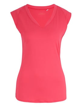Ein rosafarbenes T-Shirt mit kurzen Ärmeln und V-Ausschnitt.