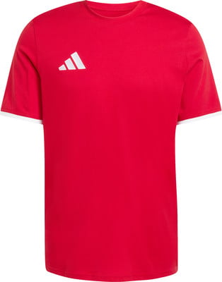 Rotes T-Shirt mit weißem Adidas-Logo und weißen Ärmelbündchen. Rotes T-Shirt mit weißem Adidas-Logo und weißen Ärmelbündchen.