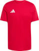 Rotes T-Shirt mit weißem Adidas-Logo und weißen Ärmelbündchen.