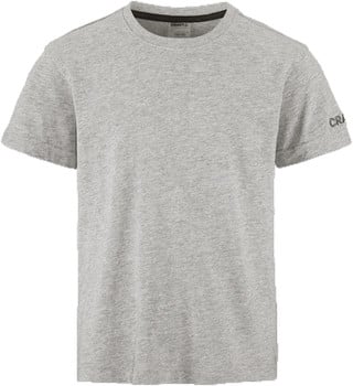 Graues Kurzarmshirt mit Markenlogo auf dem Ärmel.