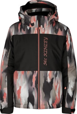 Schwarze Jacke mit rosa, grauem und weißem Druckmuster, Mc Kinley Logo. Schwarze Jacke mit rosa, grauem und weißem Druckmuster, Mc Kinley Logo.