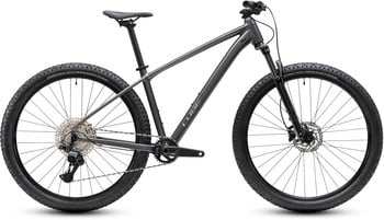 Graues Mountainbike mit Federung und Scheibenbremsen.
