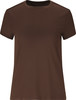 Braunes Damen-T-Shirt mit kurzen Ärmeln und Rundhalsausschnitt.