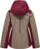 Rückseite einer beigefarbenen Jacke mit weinroten Akzenten und dem Schriftzug Peak Performance.