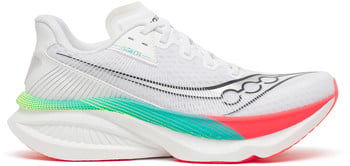 Weiße Laufschuhe mit farbigem Streifen auf der Sohle und schwarzem Logo.