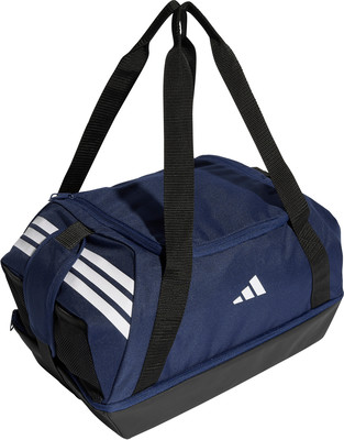 Eine dunkelblaue Adidas Sporttasche mit weißen Streifen und Logo.