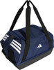Eine dunkelblaue Adidas Sporttasche mit weißen Streifen und Logo.