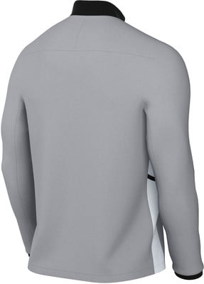 Rückansicht eines grauen Sweatshirts mit schwarzem Kragen und weißem Seitenstreifen.