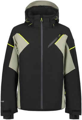 Schwarze Skijacke mit beige-gelben Akzenten und Kapuze.