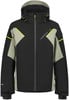 Schwarze Skijacke mit beige-gelben Akzenten und Kapuze.