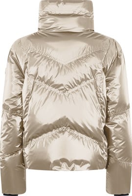 Goldene glänzende Daunenjacke mit hohem Kragen und Steppmuster. Goldene glänzende Daunenjacke mit hohem Kragen und Steppmuster.