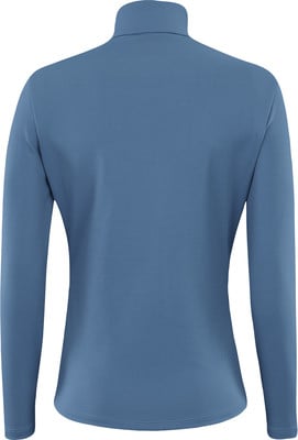 Rückansicht eines blauen Langarmshirts mit Stehkragen. Rückansicht eines blauen Langarmshirts mit Stehkragen.