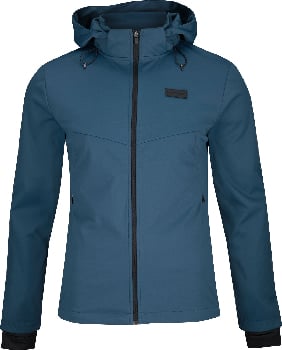 Eine blaue Herrenjacke mit Kapuze und schwarzem Reißverschluss, ideal für Outdoor-Aktivitäten.