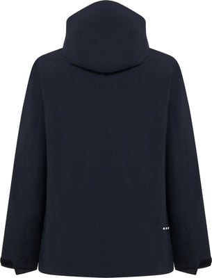 Dunkelblaue Jacke mit Kapuze und Oakley-Logo am unteren Rand.