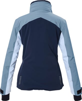 Rückansicht einer dunkelblauen Jacke mit hellblauen und hellblauen Einsätzen.