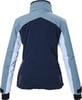 Rückansicht einer dunkelblauen Jacke mit hellblauen und hellblauen Einsätzen.