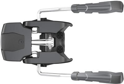 Ein Skibindungsmechanismus mit Metall- und Kunststoffteilen auf weißem Hintergrund.