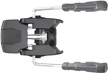 Ein Skibindungsmechanismus mit Metall- und Kunststoffteilen auf weißem Hintergrund.