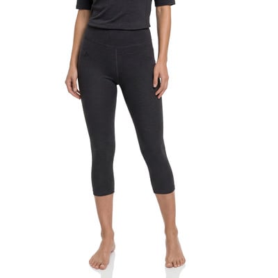 Damen dunkelgraue Capri-Leggings mit Logo auf dem Oberschenkel.